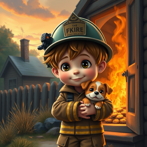 airbrushed oil painting, pixar style, cute little boy in fireman gear, helmet, tousled hair, expressive eyes, standing in the doorstep of a cottage burning behind him, holding a cute little dog in his arm, atumn sky