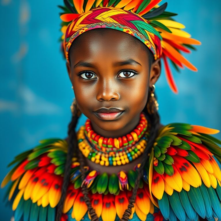 A beautiful Garifuna girl, wearing colorful bird clothing with vibrant colors