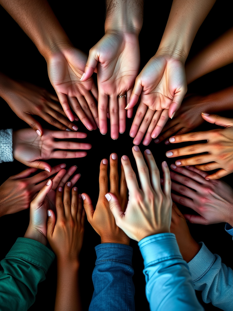 Generate an image of diverse hands reaching outwards towards the center on a black background, high-resolution, using a 50mm lens at f/2.8, with vibrant colors and sharp contrast, viewed from a top-down perspective with a shallow depth of field, shot with a DSLR camera.