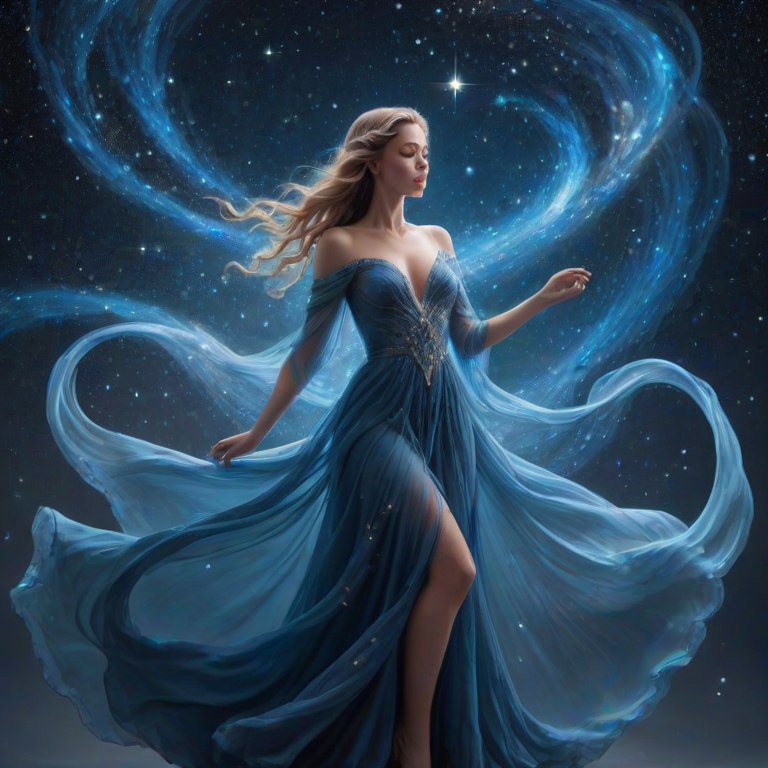 A mystical figure in a flowing blue gown surrounded by swirling cosmic lights and ethereal stars in a dreamy night sky.