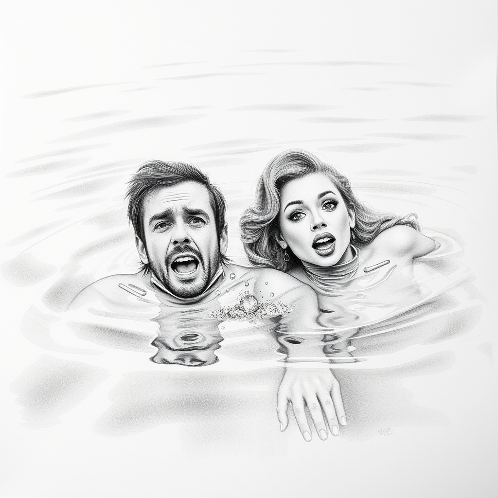 A hyperdetailed photorealistic black and white pencil sketch recreating the iconic scene at the end of Titanic with Jack and Rose floating in the water, only show them making exaggerated funny faces at the camera. Show Rose spitting water at the camera.