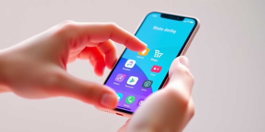 3D rendering of a hand interacting with a smartphone displaying shopping icons, focus on vibrant colors and smooth textures, shallow depth of field, 85mm lens, f/1.8 aperture, ISO 100, soft natural lighting, studio setting.