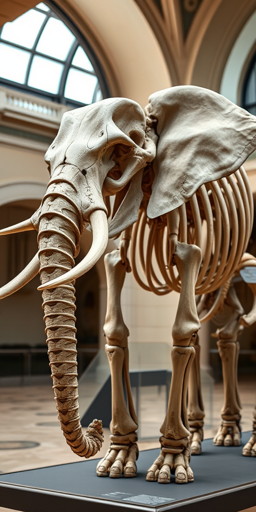 Create a high-resolution image of a detailed elephant skeleton displayed in a museum setting, using a DSLR camera with a 50mm lens, aperture f/8, ISO 200, natural lighting, and focused on the side view for clarity and depth.