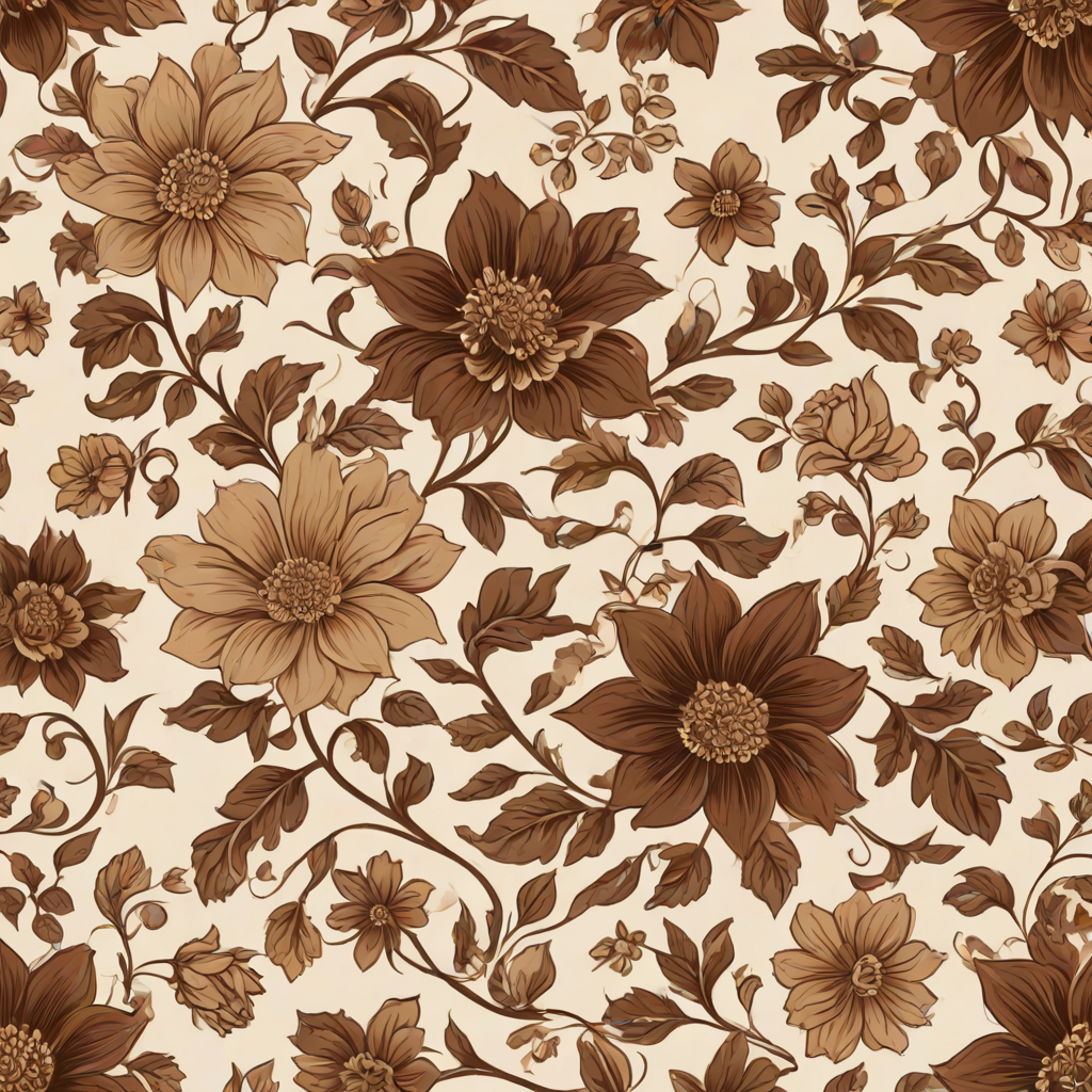 Create a seamless floral pattern featuring large brown and beige flowers with intricate designs, accompanied by smaller flowers and gentle vines on a light beige background.