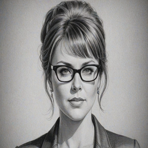 Delightful Amanda Tapping, pencil sketch, portrait of Elegant woman 1959s in glasses, hair style beatnik, outline, clear lines, fine lines, 8k