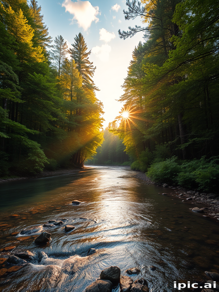 Create an image of a serene, sunlit forest scene with a clear, gently flowing river. Tall trees with lush green foliage line both sides of the river, their leaves bathed in the warm golden light of the setting or rising sun. The sunlight filters through the trees, casting soft, dappled light on the river, which flows over smooth rocks and pebbles, creating a peaceful, natural atmosphere. The sky is bright with a few scattered clouds, and the overall mood is tranquil, evoking a deep sense of connection with nature. The image captures the beauty of a calm, pristine forest landscape at either dawn or dusk.
