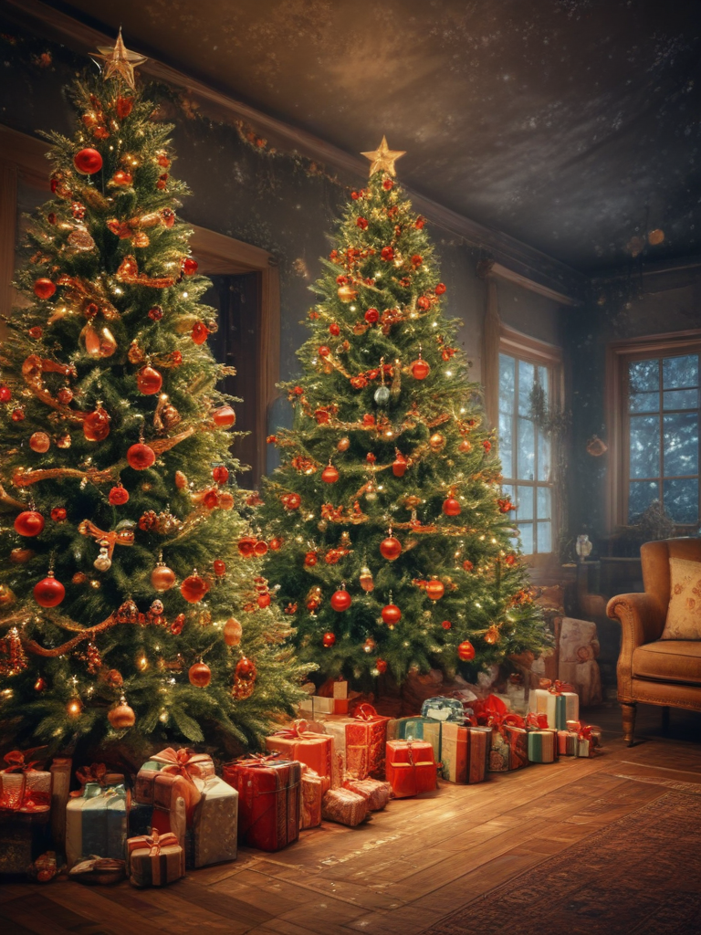 Cozy Christmas Scene with Two Beautifully Decorated Trees and Gifts