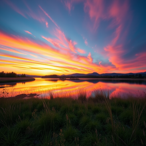 Create a high-resolution image of a serene landscape at sunset, capturing vibrant colors in the sky and reflecting on a calm lake, shot with a Canon EOS R5, with an aperture of f/8, shutter speed of 1/125 sec, ISO 100, using a wide-angle lens at 24mm to capture the vastness of the scene.