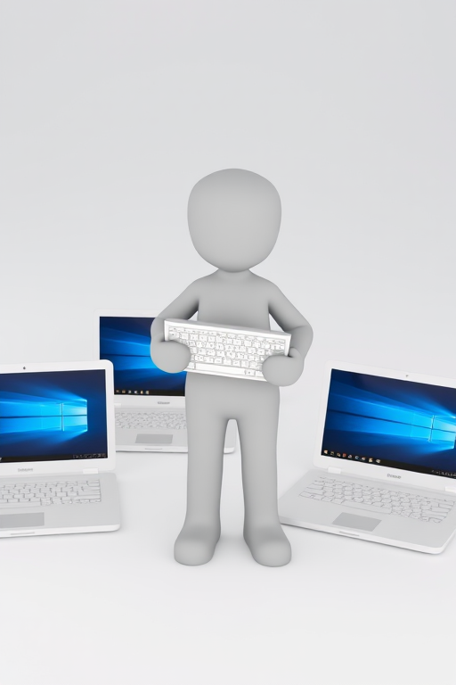 Create a 3D render of a stylized figure holding a keyboard surrounded by three modern white laptops with Windows screens, captured with a DSLR camera at f/2.8, ISO 100, 50mm lens, in a soft diffused lighting setup.