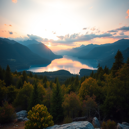 Create a high-resolution image of a serene landscape featuring a calm lake surrounded by mountains at sunrise, using a DSLR camera with an aperture of f/8, ISO 100, shutter speed of 1/125 sec, shot from a wide-angle perspective to capture the expansive view, applying a natural light style for vibrant colors.