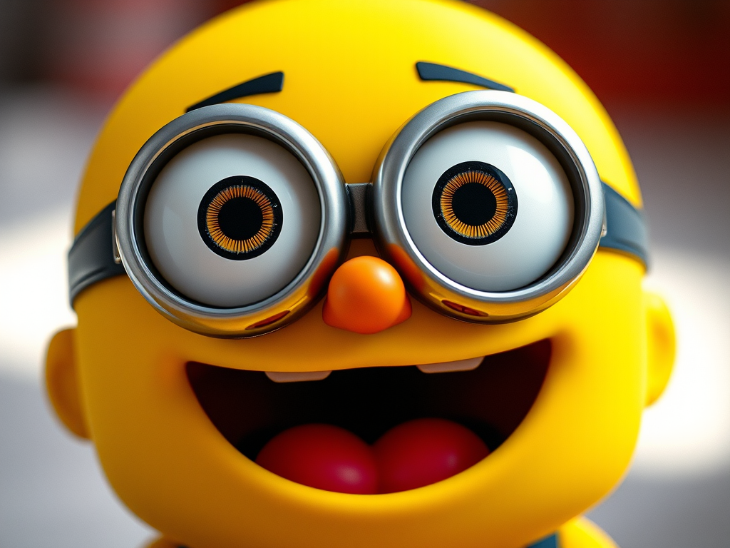 Create a vibrant, high-resolution image of a stylized yellow character with large eyes and an open mouth, using a Canon EOS R5 with a 50mm lens at f/1.8, ISO 100, and 1/200s shutter speed, shot from a front view in soft natural lighting for enhanced detail and color.