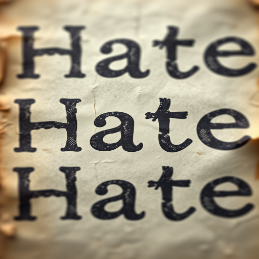 Create an image featuring the repeated word "Hate" in a textured pattern against a worn paper background, captured with a Canon EOS R5 at f/2.8, ISO 100, 50mm lens, shallow depth of field, natural light.