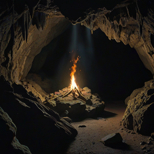 A lit torch standing in the foreground, casting a bright flame illuminating a dark cavernous space; rocky cave environment with natural light filtering through irregularly shaped openings on the ceiling, revealing glimpses of the sky and vegetation outside; moss and lichen covering the cave walls, indicating a damp and seldom-visited area; mysterious and exploratory scene suggesting an explorer's search for a way out or deeper exploration into unknown territory; dominated by dark tones, emphasizing the depth and silence within the cave; high quality photorealistic image, intricate details, sharp focus, dramatic lighting.