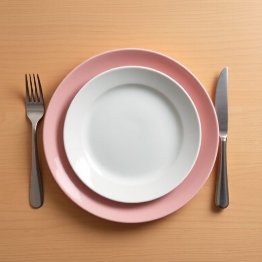 A minimalist table setting featuring a white plate on a pink plate, with a fork on the left and a knife on the right, shot from a top-down view, using a DSLR camera at f/2.8, ISO 200, 1/100s shutter speed, natural soft lighting for enhanced image quality.