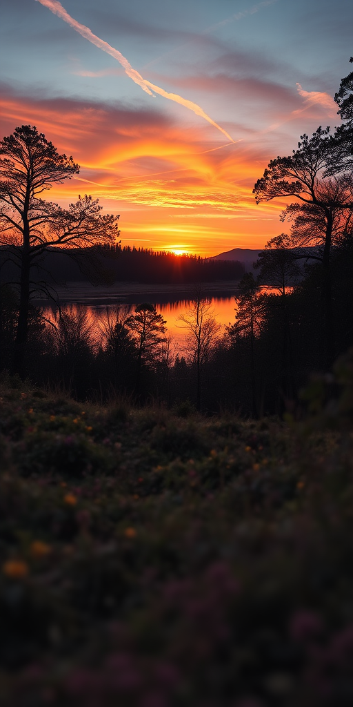 Generate a high-resolution image of a serene landscape with a vibrant sunset over a lake, using a Canon EOS R5 camera, 24mm lens, f/8 aperture, ISO 100, shutter speed 1/125s, with a wide-angle view for enhanced depth and clarity.