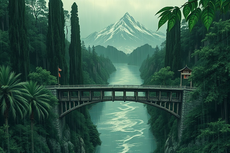 natural lighting, raining, fantasy, bridge focus, CandiBRIDGE, no humans, mountain, water, river, forest, east asian architecture, bridge, tall trees, leaf, from above, negative space, scenery, intricately detailed illustration, depth of field, atmospheric perspective, realistic shading, green theme, monochrome, selective coloring