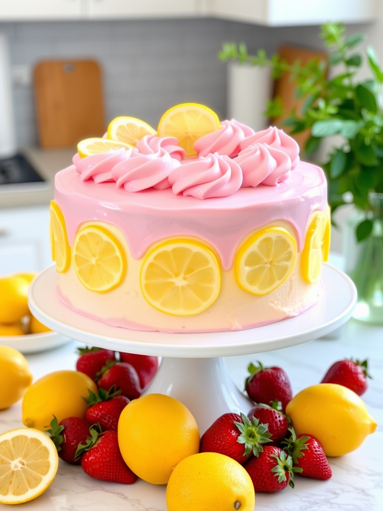 A beautifully decorated cake with pink and yellow frosting topped with lemon slices and swirls, placed on a white cake stand surrounded by fresh strawberries and lemons, set against a light kitchen background with greenery.
