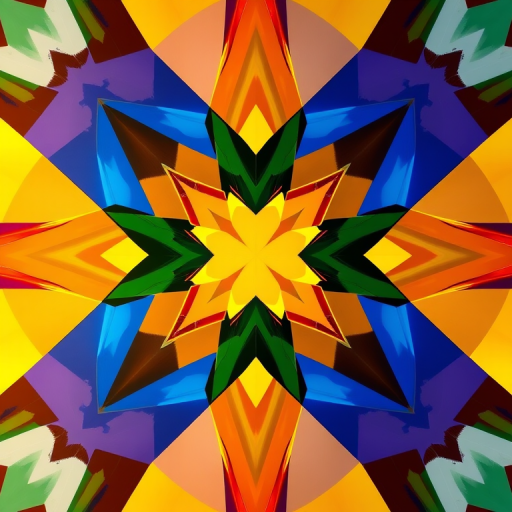 Create a high-resolution image of an abstract geometric design with dynamic shapes and vibrant colors, using a DSLR camera, settings at f/8 aperture, ISO 100, 1/250 shutter speed, in a close-up view with soft lighting to enhance details and depth.