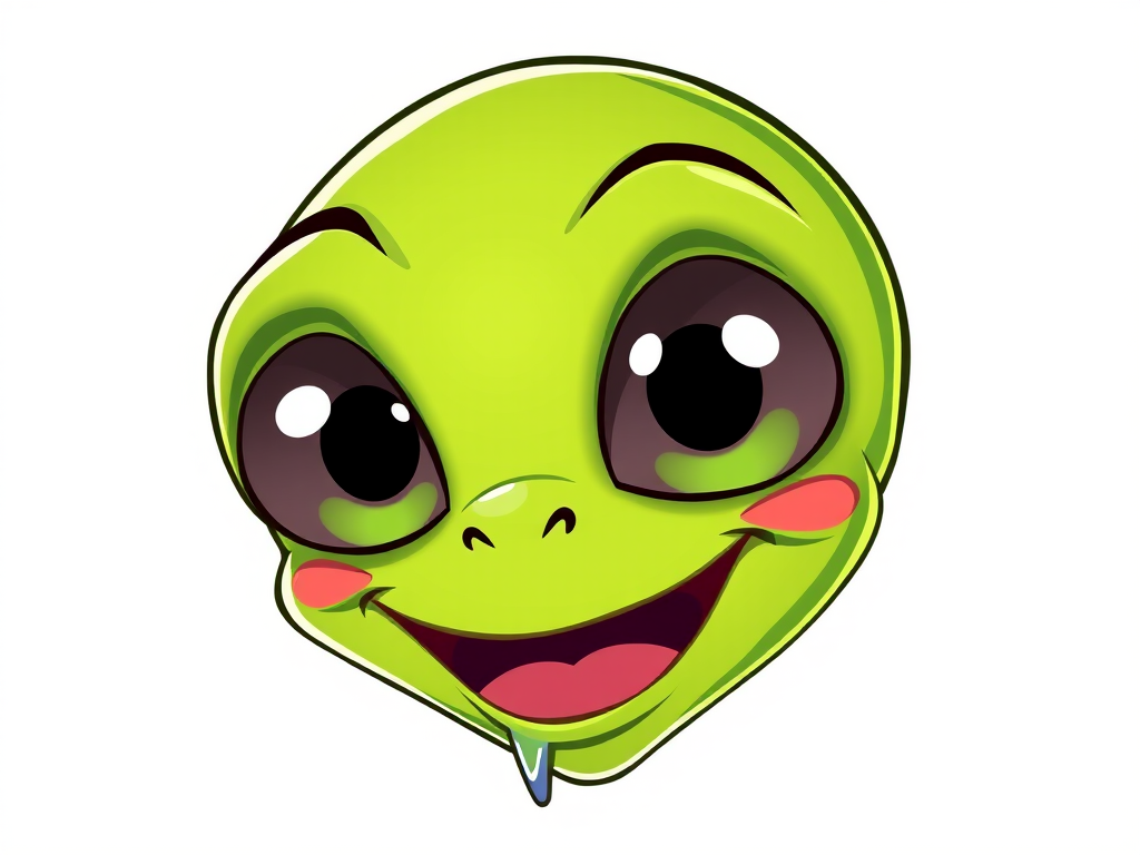 Create a vibrant illustration of a cartoon green alien face with big eyes, a wide smile, and drooling, using a high-resolution digital art style, with a 50mm lens, f/2.8 aperture, and soft lighting against a transparent background.