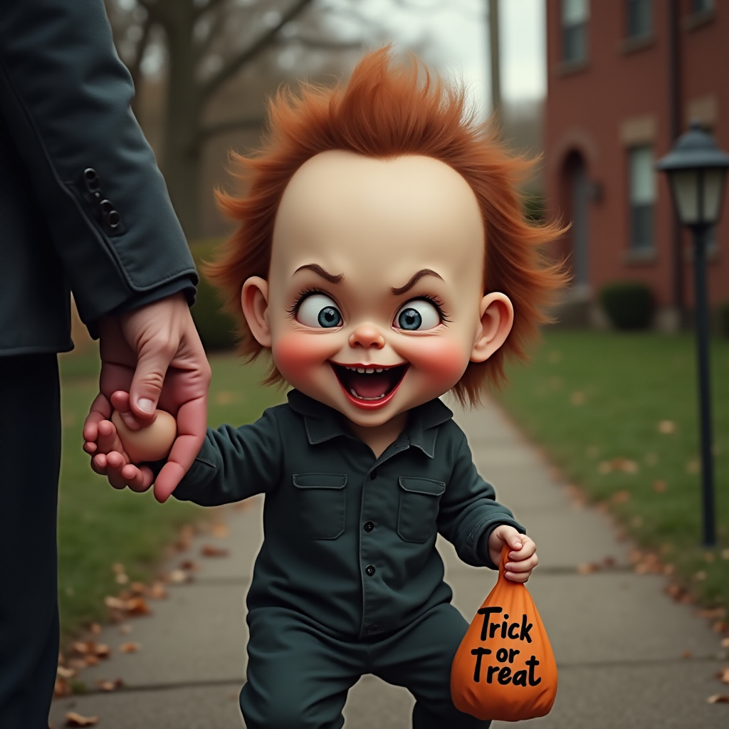 A whimsical caricature of a child version of Michael Myers, grinning mischievously. He is held by the hand of an unrecognizable person (only their hand visible), while holding a bag labeled 'Trick or Treat.' His facial expression is playful yet slightly menacing, reflecting his iconic figure. The scene is in portrait format with a Halloween theme, featuring exaggerated cartoon details like big eyes, a small body, and a creepy yet light-hearted tone.