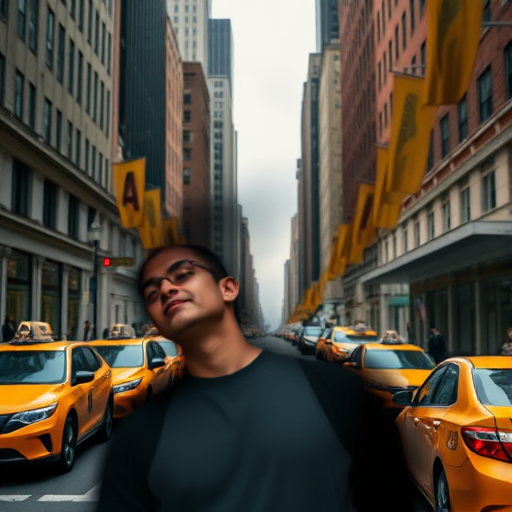 create an image of a busy New York street with yellow taxis, flags hanging along the buildings, a silhouette effect overlay of a person, captured with a Canon EOS R5, 24mm lens, f/8 aperture, ISO 100, natural light, wide angle view, high dynamic range imaging for enhanced detail