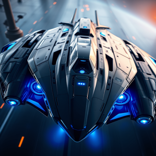 futuristic spaceship design with sleek lines and glowing blue engines, shot with a DSLR camera at f/2.8, ISO 100, 18mm lens, overhead angle, high dynamic range, vivid colors, sharp focus