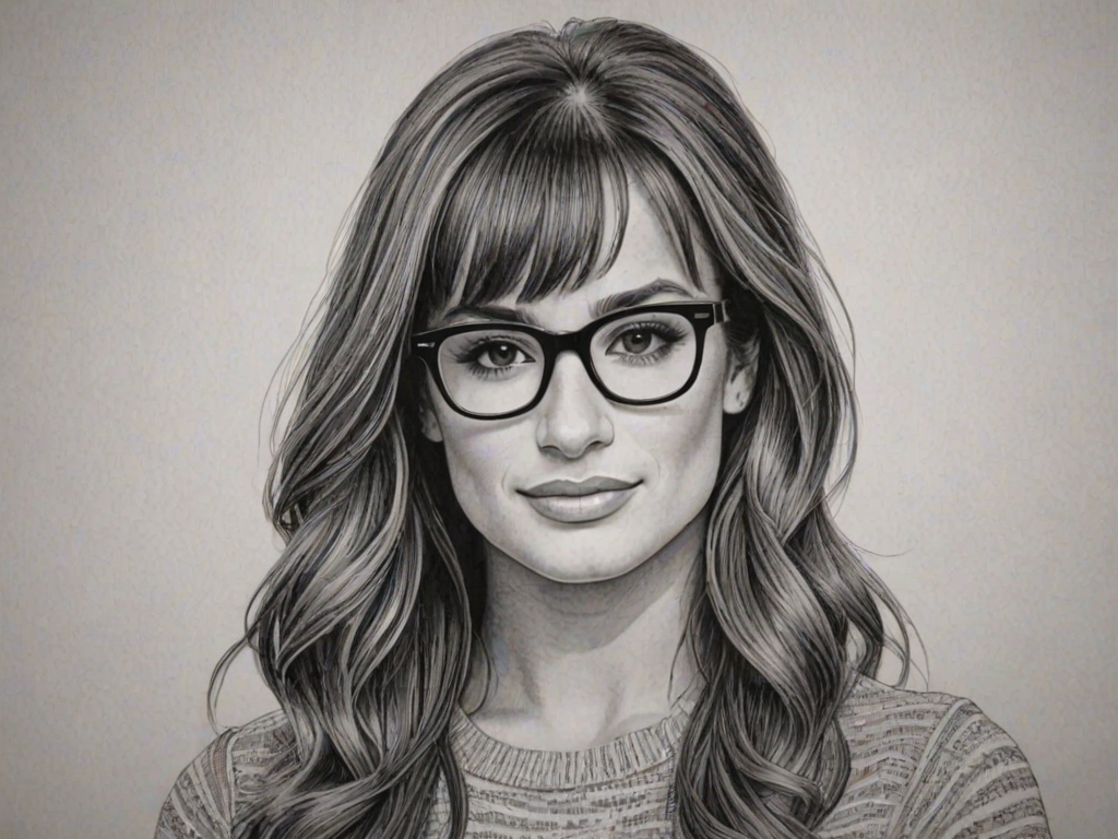 Stunning Lea Michele, pencil sketch, portrait of Wonderful woman 1972s in glasses, hair style beatnik, outline, clear lines, fine lines, 8k