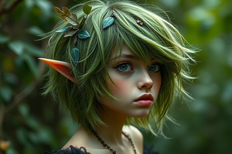 Enchanting forest green-haired nymph with a tousled, layered bob featuring leaf-like textures and nature-inspired accessories