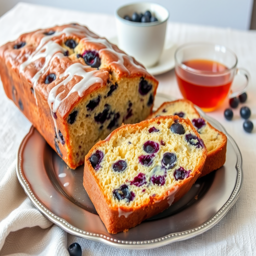 A moist blueberry loaf cake sliced on a silver plate with a light glaze on top accompanied by a cup of orange tea in the background and a textured linen tablecloth