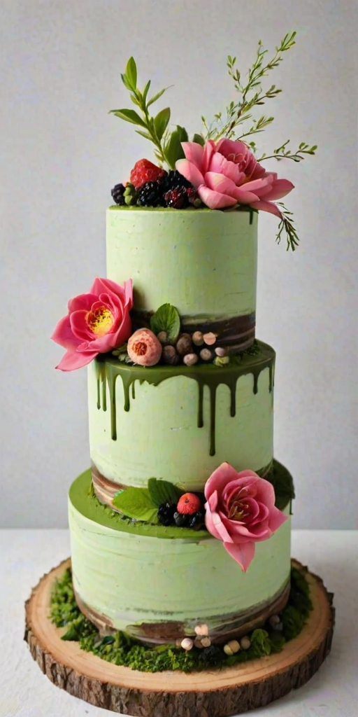Create a three-tiered cake with a rustic wooden base. The bottom layer should be a rich chocolate flavor with a smooth chocolate ganache. The middle layer should be a light pastel green, resembling a matcha flavor, decorated with edible flowers. The top layer should be a vibrant pink, resembling raspberry, adorned with fresh berries and delicate floral arrangements. The overall look should be elegant and natural, with a touch of greenery and floral accents on each layer.