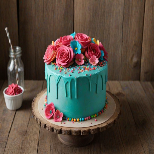Create an image of a beautifully decorated cake with a turquoise frosting. The cake should feature vibrant rose decorations in shades of red and pink, along with edible flowers and colorful sprinkles. Place the cake on a rustic wooden cake stand, and ensure the background has a soft, elegant setting.