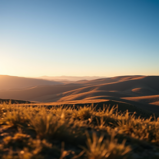 Create a high-resolution image of a tranquil landscape with rolling hills and a clear blue sky during golden hour, using a Canon EOS R5 with a 24-70mm f/2.8 lens, ISO 100, aperture f/8, shutter speed 1/200s, shot from a low angle view to capture the foreground details and enhance depth.