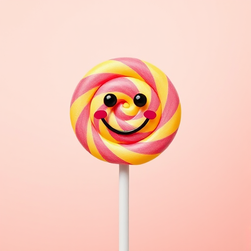Create an illustration of a smiling lollipop with vibrant swirls in yellow and pink colors, positioned against a soft pastel background, using a Canon EOS 5D Mark IV, aperture f/2.8, 50mm lens, shot from a straight-on perspective to highlight the details and textures.
