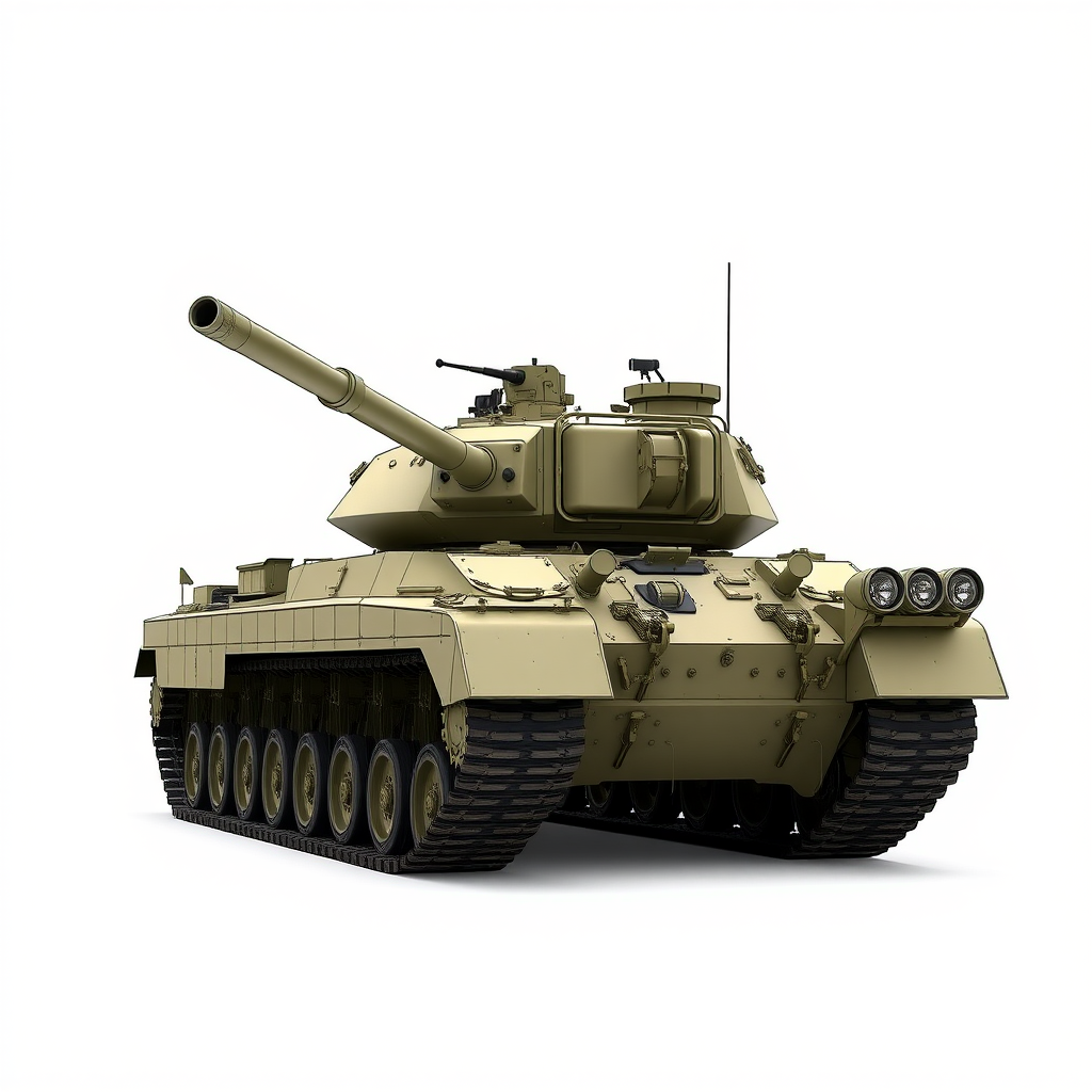 Create a high-resolution illustration of a military tank in profile view, using a Canon EOS 5D Mark IV, f/8 aperture, 1/250 shutter speed, ISO 100, with a focus on intricate details and sharp lines, emphasizing the vehicle's design against a clean white background.
