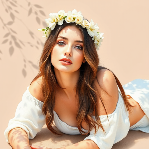create a watercolor painting of an ethereal portrait of beautiful Turkish woman with a simple white flower crown on her head. Her hair is long and she is lying on the ground. The sunlight on the trees casts shadows from the leaves on her face and body. The background is a neutral brown color that matches her skin tone. The image is minimalist and solid colors. This style is characterized by soft, delicate brushstrokes and a light, airy, contrasting color palette. High level of detail and play of light