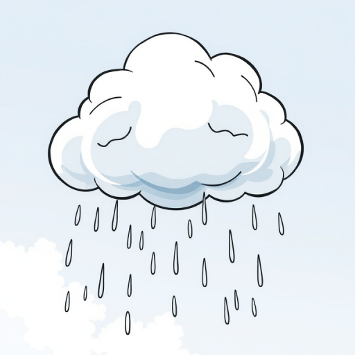 Create a high-resolution illustration of a cartoon cloud with rain, using a DSLR camera with a 50mm lens, f/1.8 aperture, ISO 100, shot in bright daylight from a slightly elevated angle to enhance contrast and clarity.