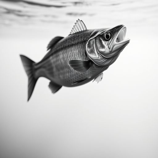 regenerate a high-quality image of a leaping fish in black and white with a focus on fine details, using a DSLR camera, focal length 50mm, aperture f/2.8, ISO 100, natural lighting, side view, capturing dynamic motion and texture.