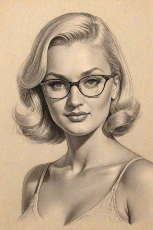 Appealing Brooke Hogan, pencil sketch, portrait of Delightful woman 1933s in glasses, hair style beatnik, outline, clear lines, fine lines, 8k