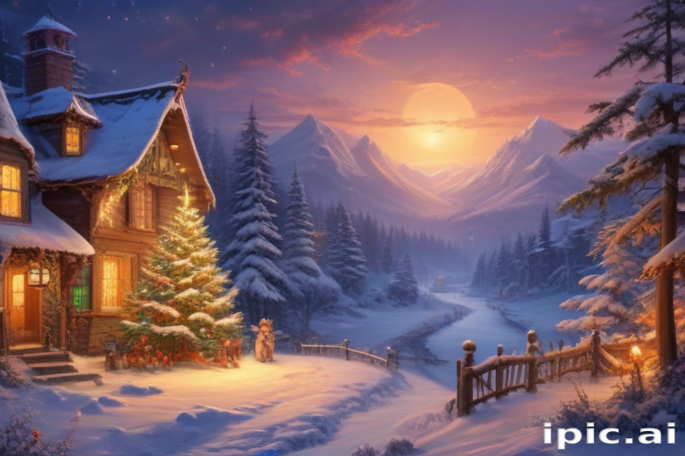A Cozy Winter Evening Scene with a Snow-Covered Cottage and Christmas Tree.