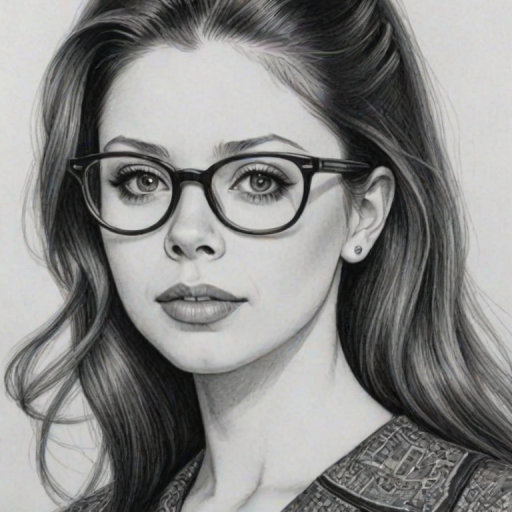 Attractive Michelle Trachtenberg, pencil sketch, portrait of Magnificent woman 1965s in glasses, hair style beatnik, outline, clear lines, fine lines, 8k