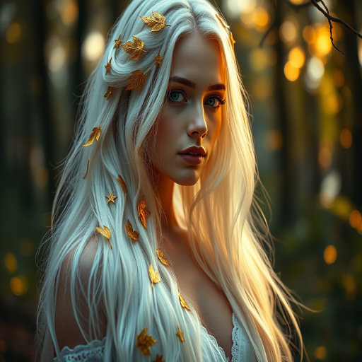 Create a portrait of a beautiful ethereal woman with long flowing white hair adorned with golden leaves and stars, set in a mystical forest background with soft glowing light, using a Canon EOS R5 camera with a 50mm f/1.2 lens, aperture set at f/1.2, ISO 100, and a low angle shot to enhance depth and detail.