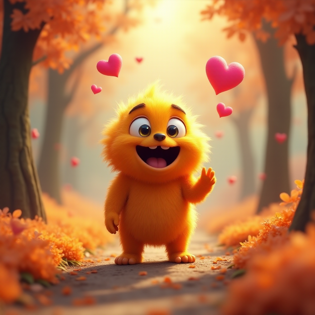 A fluffy orange creature with large eyes and a wide open mouth stands on a path in a whimsical forest, bright pink and red hearts float through the air, the creature has a surprised expression, the light is warm and soft, photorealistic, digital art, 3D style