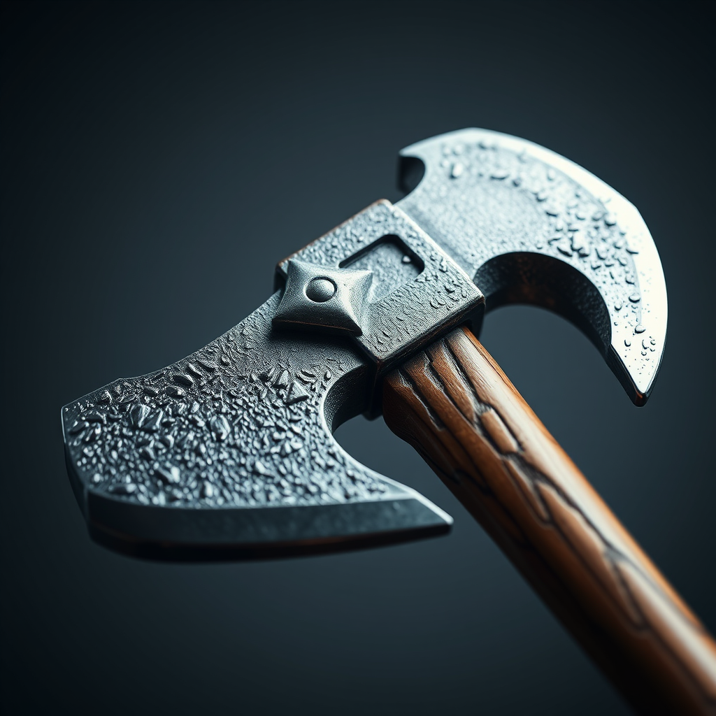 Create a highly detailed image of a fantasy battle axe with a textured metallic head and a sturdy wooden handle, shot from a low angle, using a DSLR camera with f/2.8 aperture, 50mm lens, ISO 200, and soft diffused lighting to enhance the metallic reflections and wood grain.