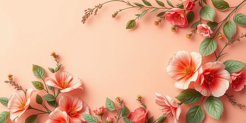 create a floral frame illustration with pastel peach background, enhance details and colors, aperture f/2.8, ISO 100, 50mm lens, top-down view, digital artwork style, high-resolution output