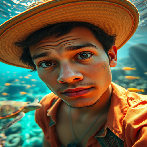 Realistic selfie image of a Tongan, wearing a vintage outfit, detailed dreamy eyes, droopy hooded eyes, staring at the camera, taken underwater at coral reef with a sunbeam filtering through the water, vibrant, summer vacation, natural lighting, turtle and school of tropical fish with vibrant colors, rendered in the style of CryEngine, Pegi Nicol MacLeod, with realistic genre scenes, hauntingly beautiful narratives, ultra-realism, and Thomas Saliot's close-up technique, 8K resolution, crystal clear and sparkling water.