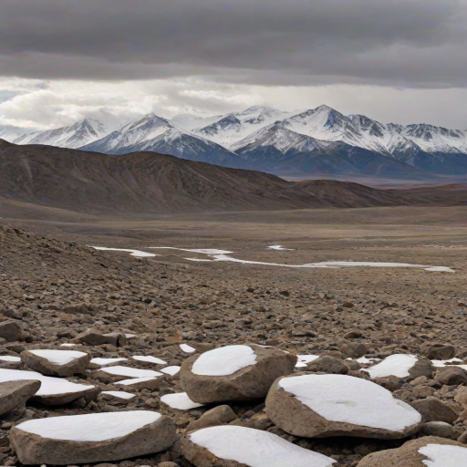 a panoramic view of snow-capped mountains under a cloudy sky, with a rocky foreground and barren landscape