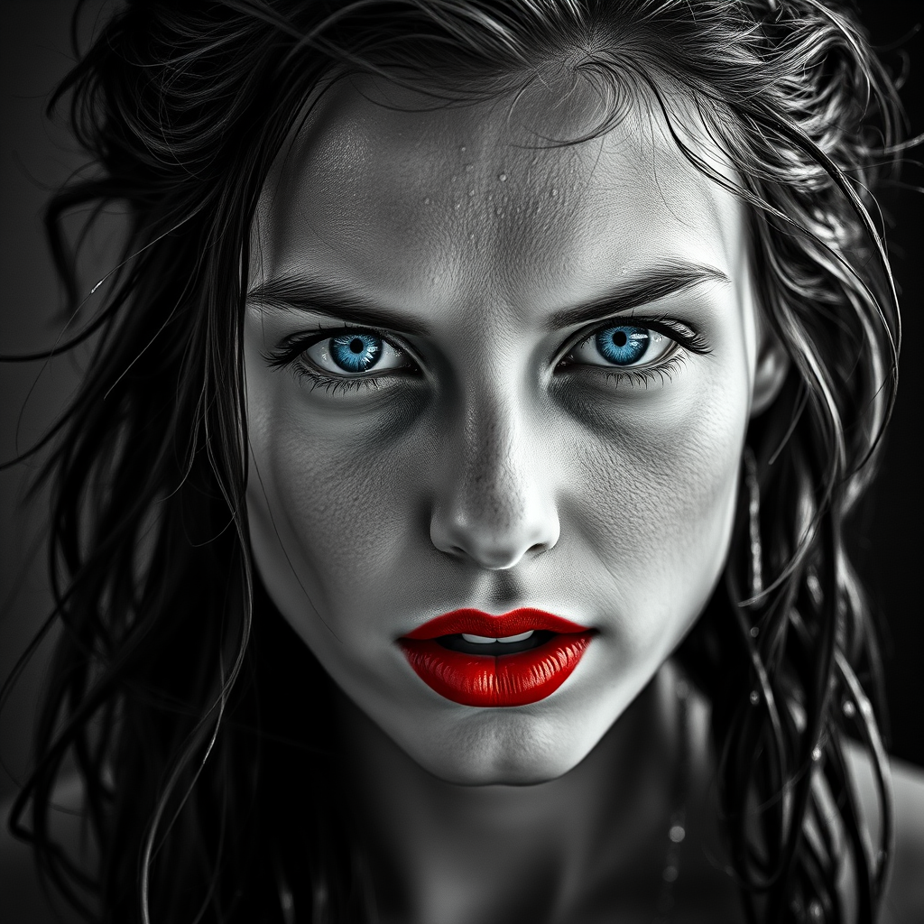 a striking portrait in the style of black-and-white photography, dramatic high-contrast lighting eloquently tracing the intricate details of hand-drawn pen strokes, a beautiful Nordic woman tousled hair and shining, focus on blue eyes and red lips, radiating with intensity portrait that highlights her dark , wet, . The monochromatic statement features her pale skin colored by tiny beads of sweat and water droplets, showcasing a hyper-detailed composition that focuses entirely on her unforgettable face. The stylized composition basks in atmosphere and mystery, created by the powerful, piercing gaze of the water-driven Nordic woman as she commands an intense and mesmerizing aura within the limited frame. Composed to evoke a sense of nostalgic wonder, this portrait perfectly captures the essence of a bygone era.