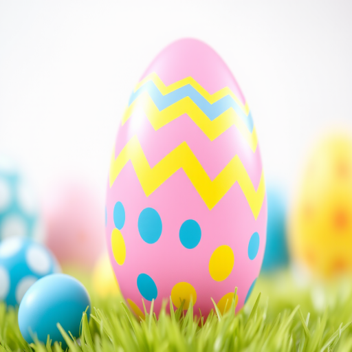 Create a digital illustration of a pink Easter egg featuring zigzag and polka dot patterns in yellow, blue, and green, captured with a DSLR camera at f/2.8, ISO 100, 50mm lens, in a bright, evenly lit environment with a shallow depth of field for a soft background.