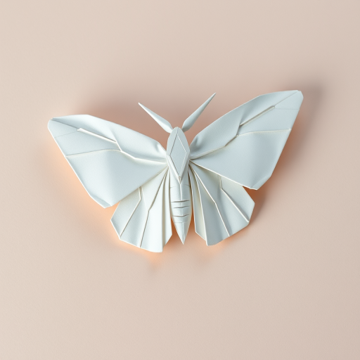 Create a detailed, high-resolution image of a white origami moth with sharp edges and smooth folds set against a soft pastel background, captured with a Canon EOS R5 at f/5.6, ISO 100, with a 50mm lens in portrait orientation using natural lighting.