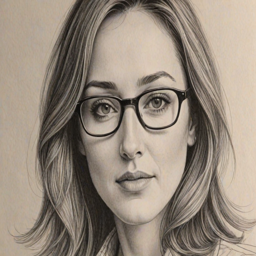 Alluring Bree Turner, pencil sketch, portrait of Alluring woman 1971s in glasses, hair style beatnik, outline, clear lines, fine lines, 8k